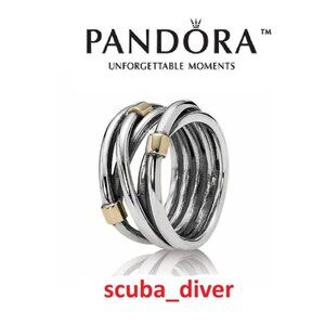RARE Pandora Two-Tone Crossover Wrap Rope Ring 925 Silver 14K Gold Wide Band 8.5